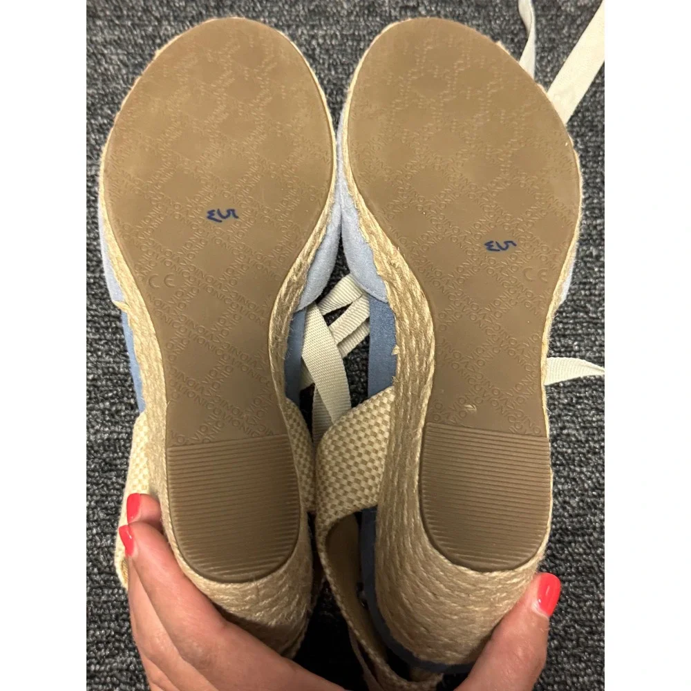 Vionic Maris Light Blue Suede Ankle Tie Espadrille Wedge Sandals Womens 10